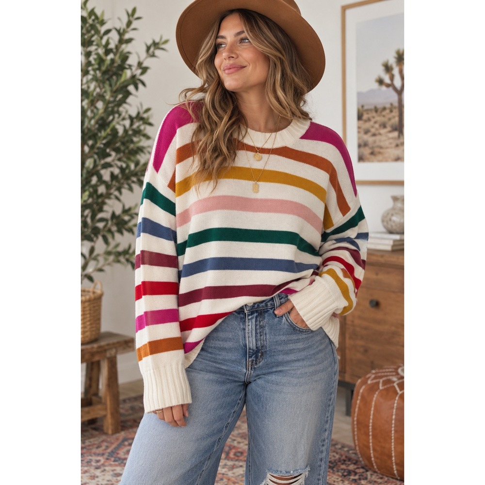 Gap Womens XL Rainbow Striped Crewneck Sweater Cotton Blend Oversized Slouchy